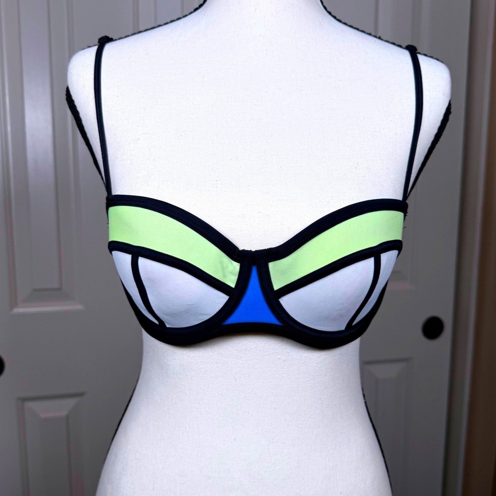 Triangl Bikini Top Womens Small Blue Green White Excellent Neoprene Colorblock